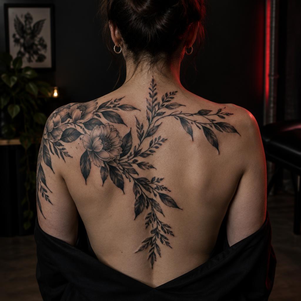 Botanical Back Piece tattoo design on the body