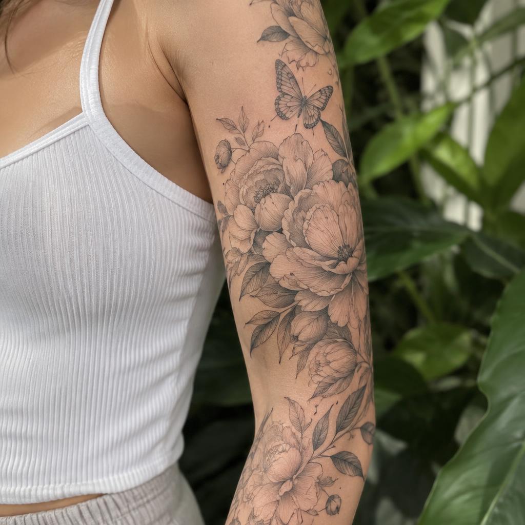 Butterfly & Peony Sleeve tattoo design on the body