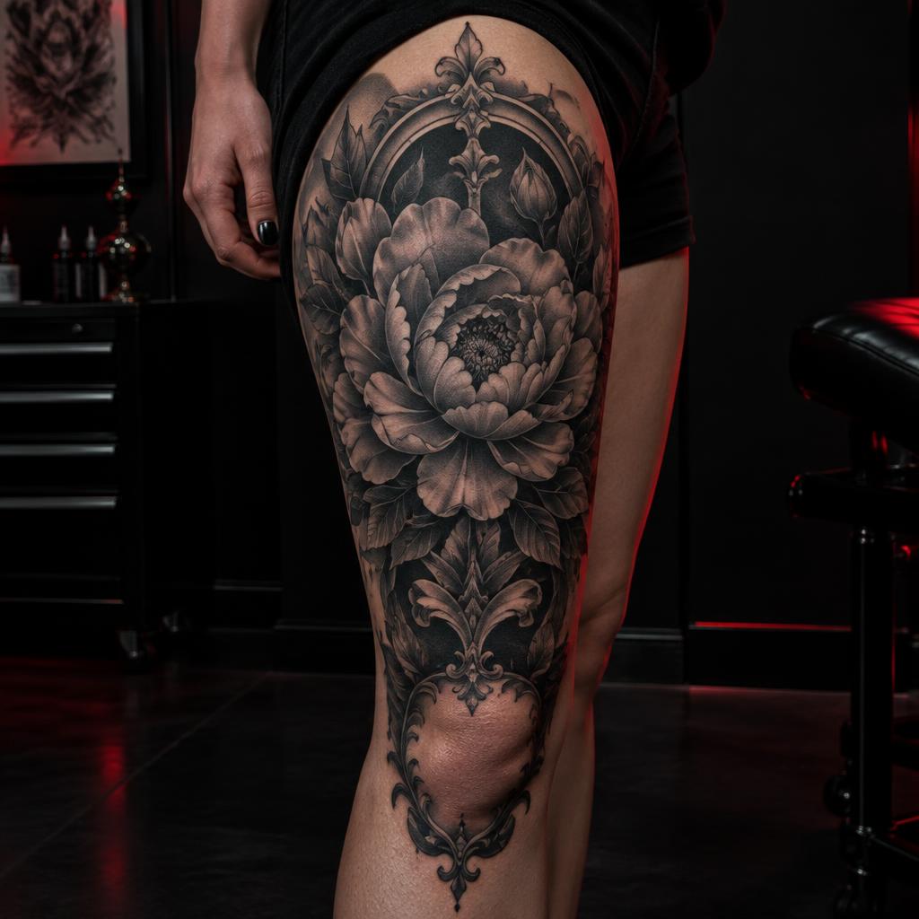 Ornamental Thigh Peony tattoo design on the body