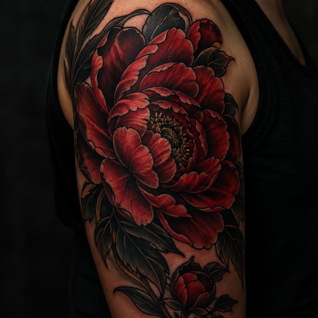 Neo-Traditional Peony tattoo design on the body