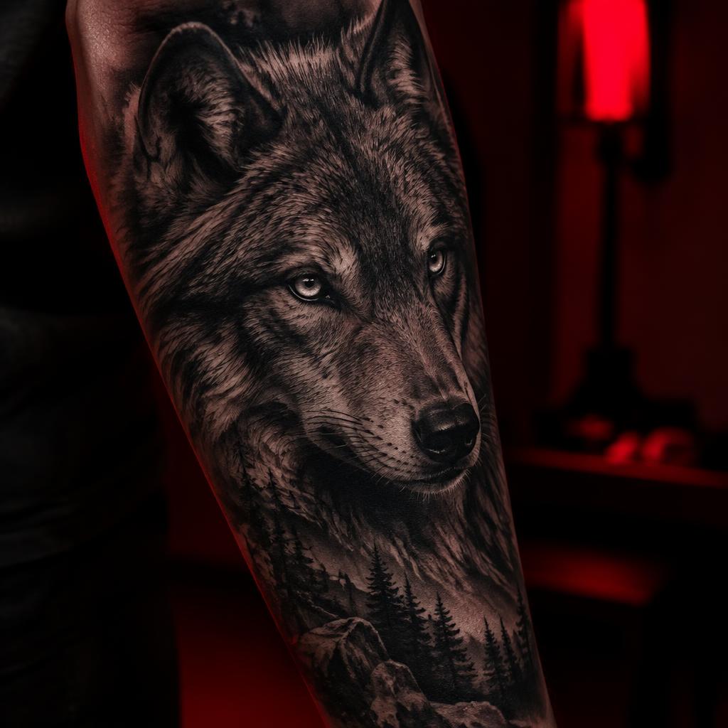 Wolf & Pines tattoo design on the body